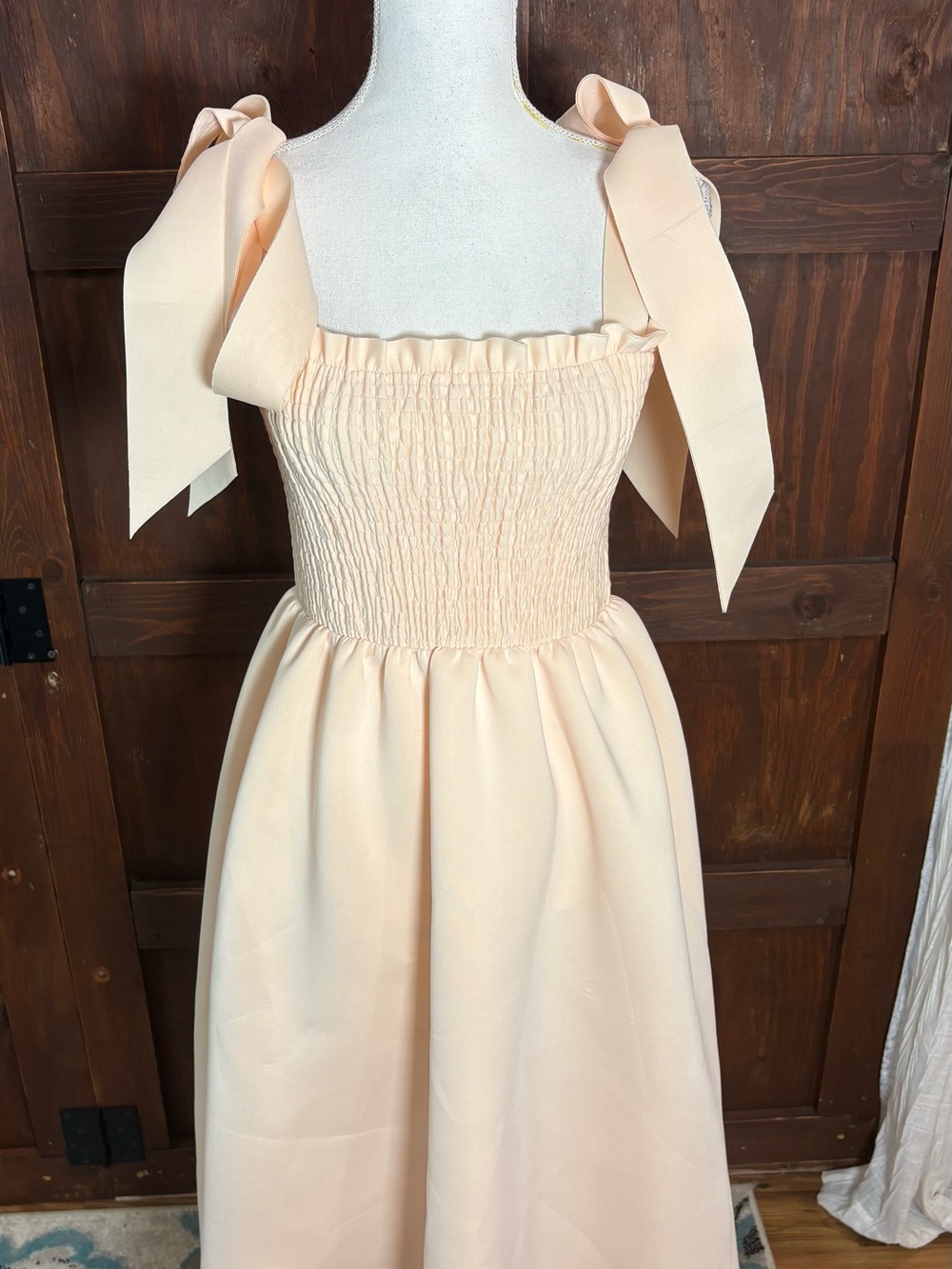 Sleeveless Bow Strap Smocked Bodice Midi Dress in Blush